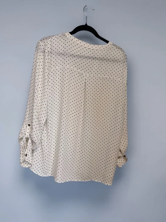 Maurices White V-Neck Polka Dot Blouse with Zip Pockets - Picture 2 of 3